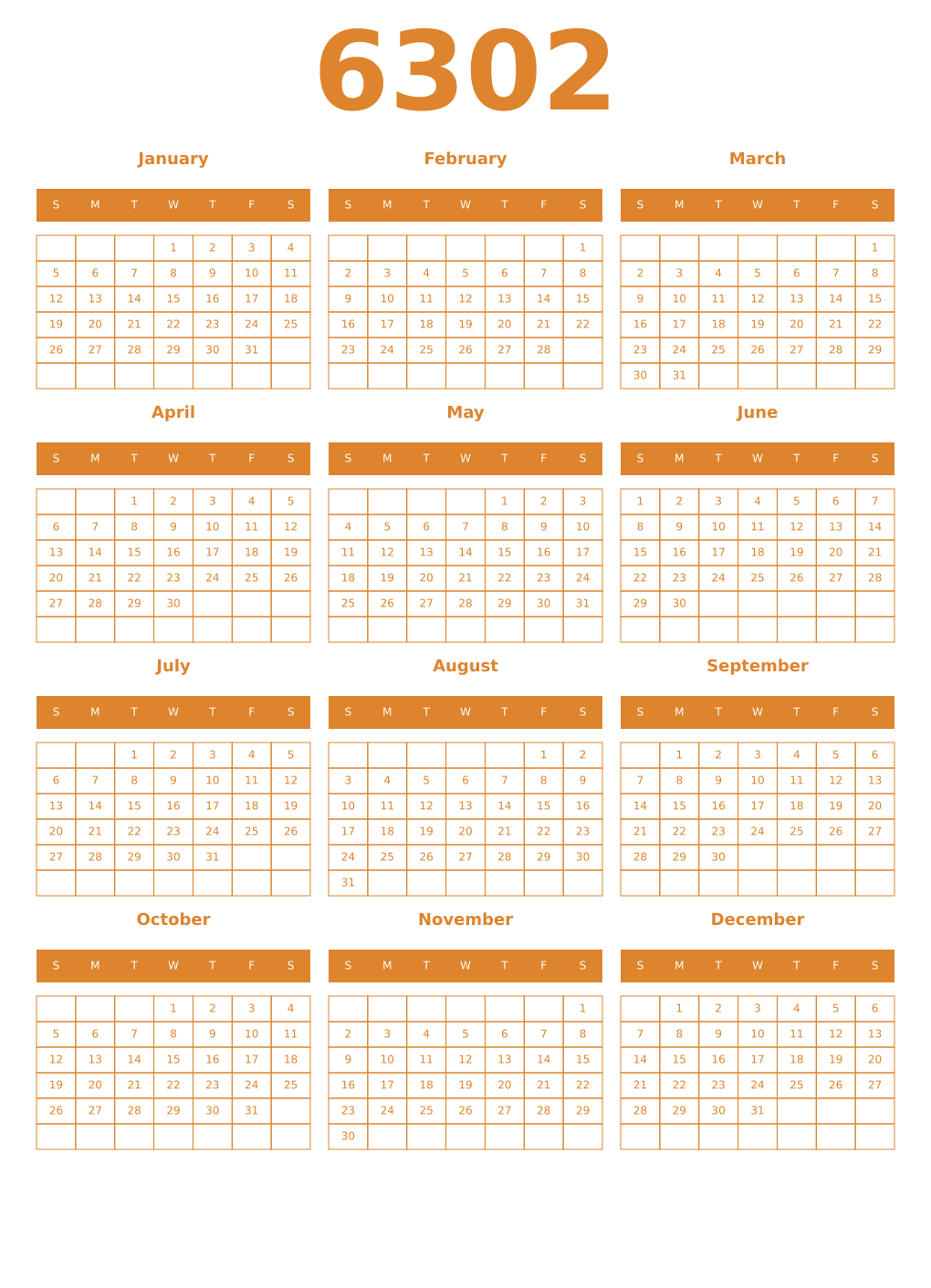 Printable 6302 Year Calendars orange