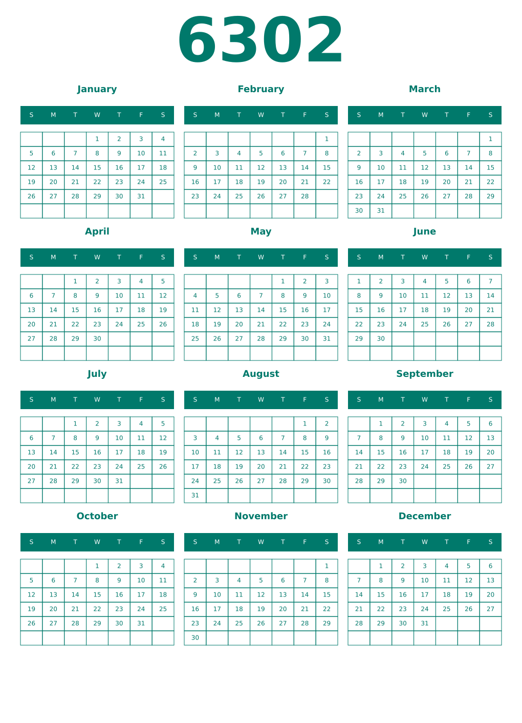 Printable 6302 Year Calendars pastel