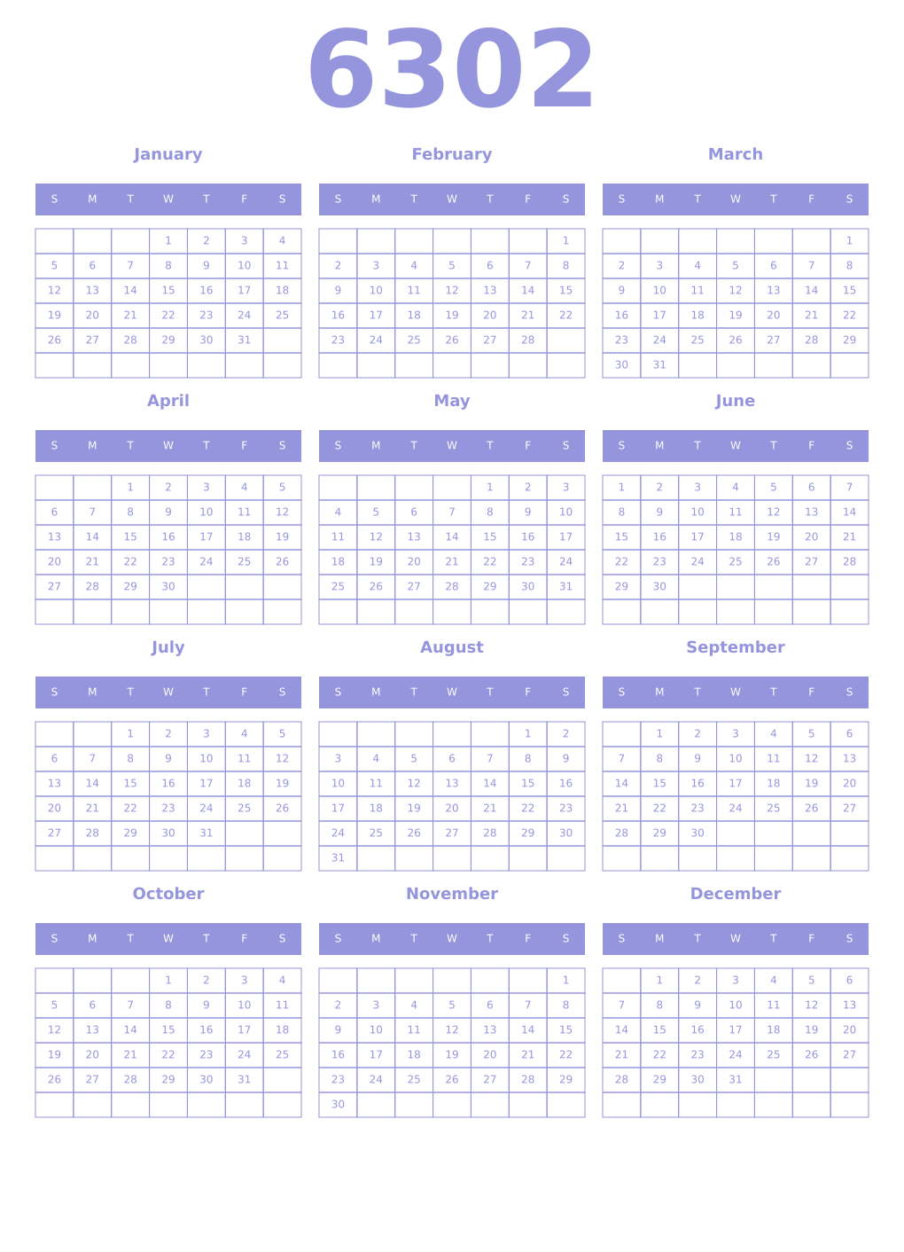 Printable 6302 Year Calendars periwinkle