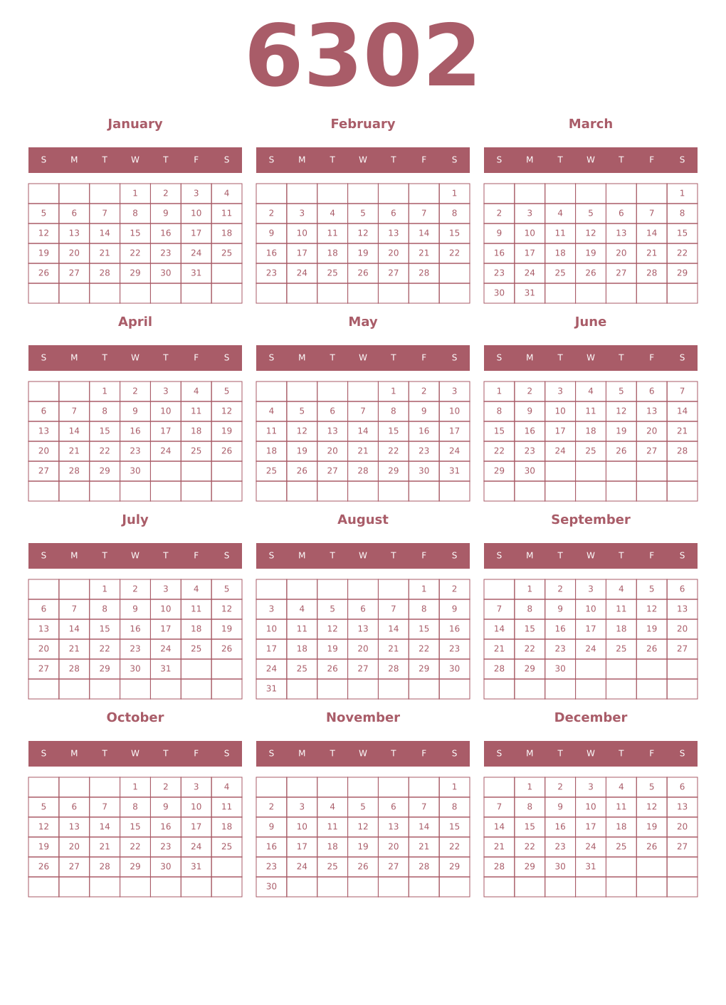 Printable 6302 Year Calendars puce