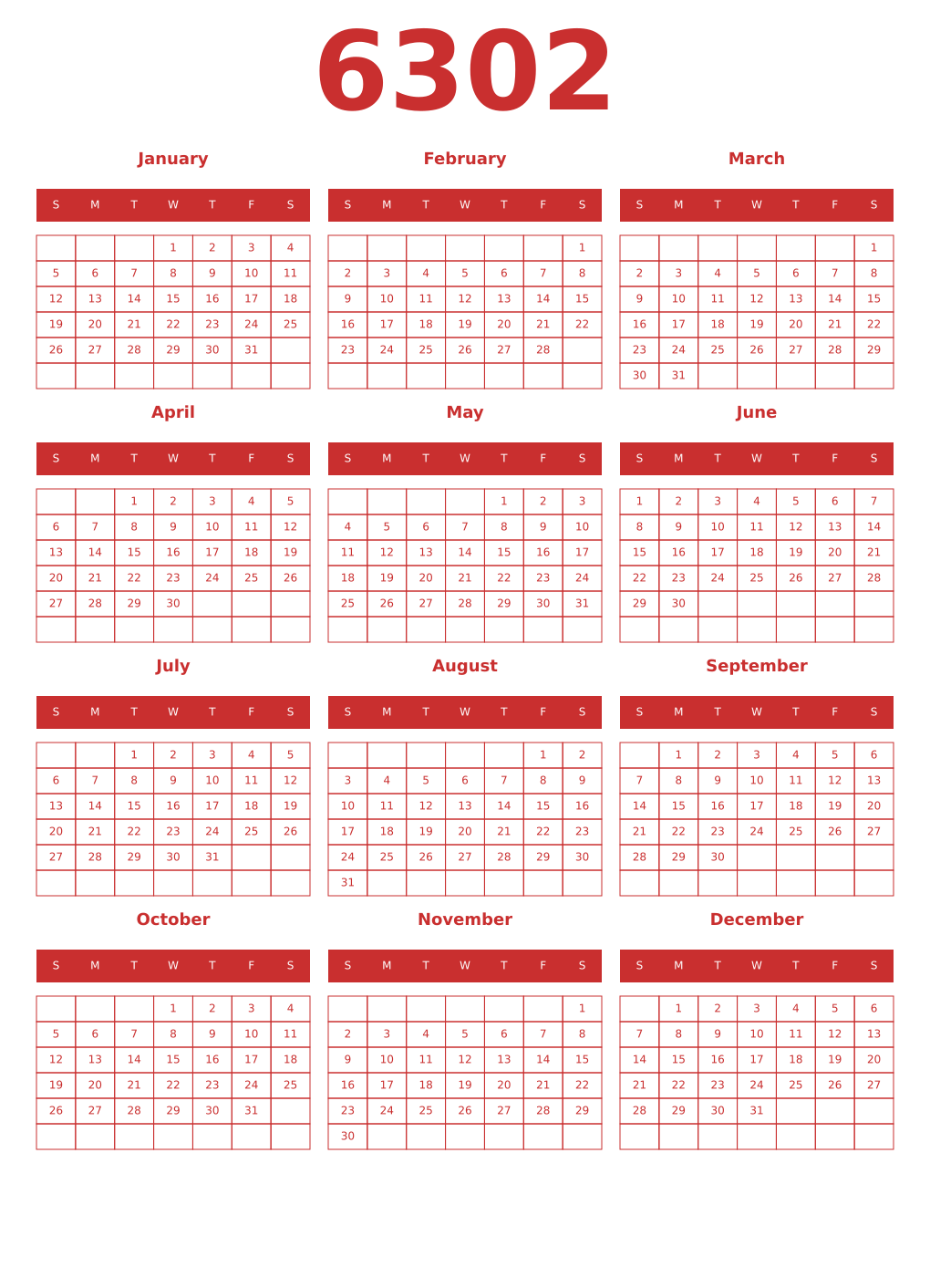 Printable 6302 Year Calendars red