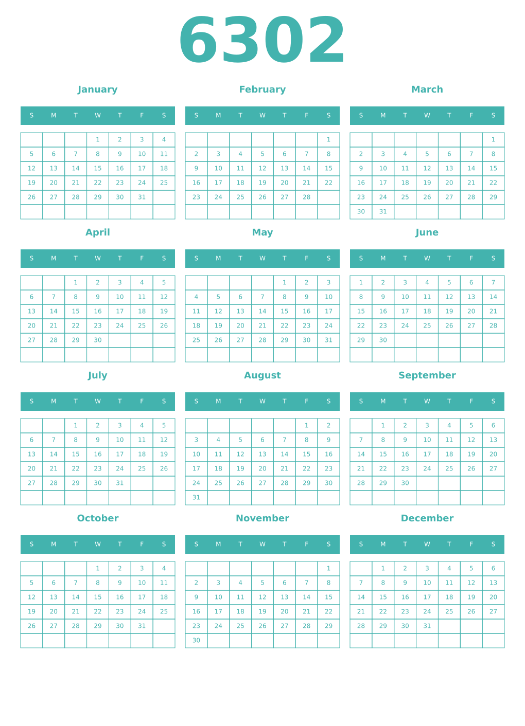 Printable 6302 Year Calendars verdigris