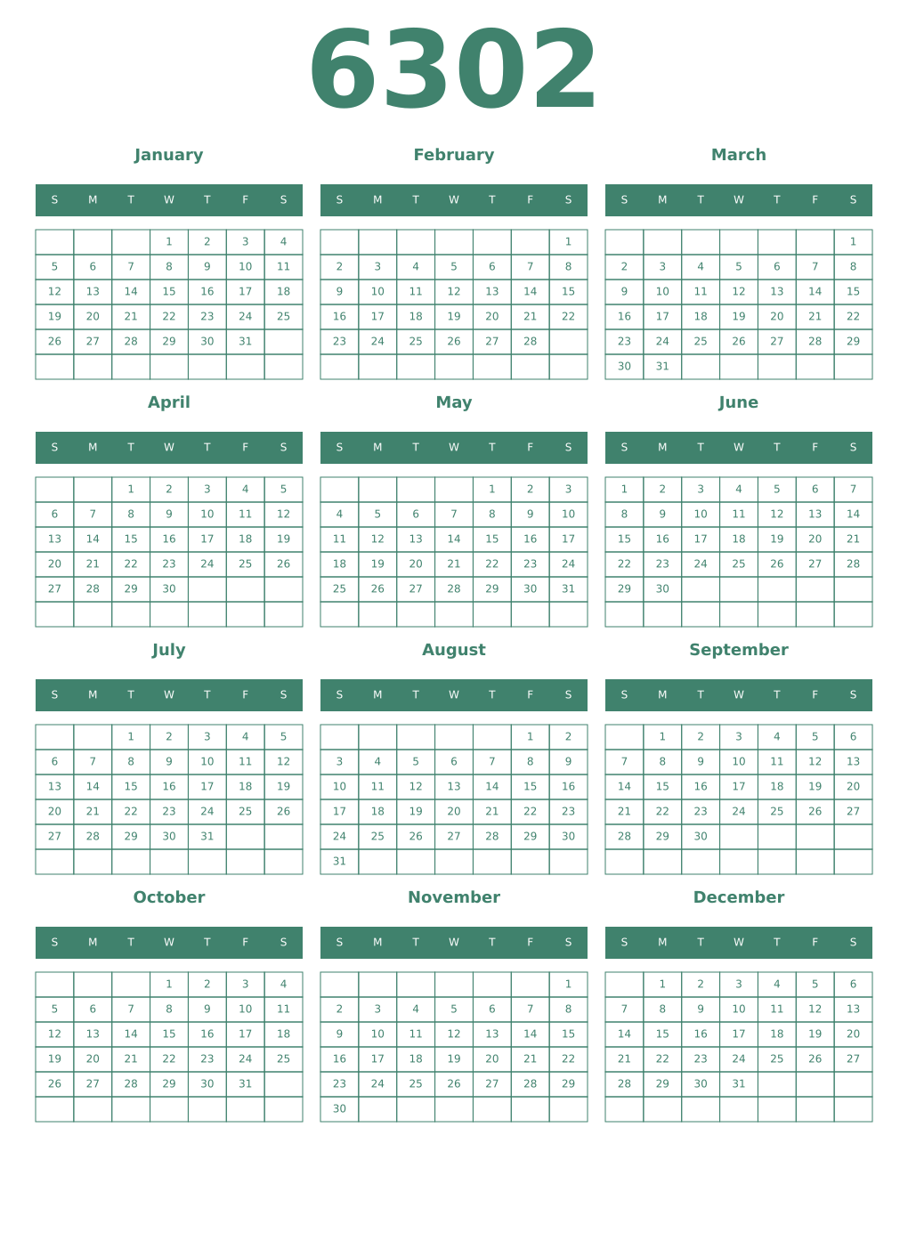 Printable 6302 Year Calendars viridian