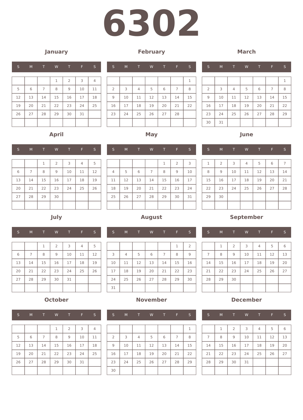 Printable 6302 Year Calendars wenge
