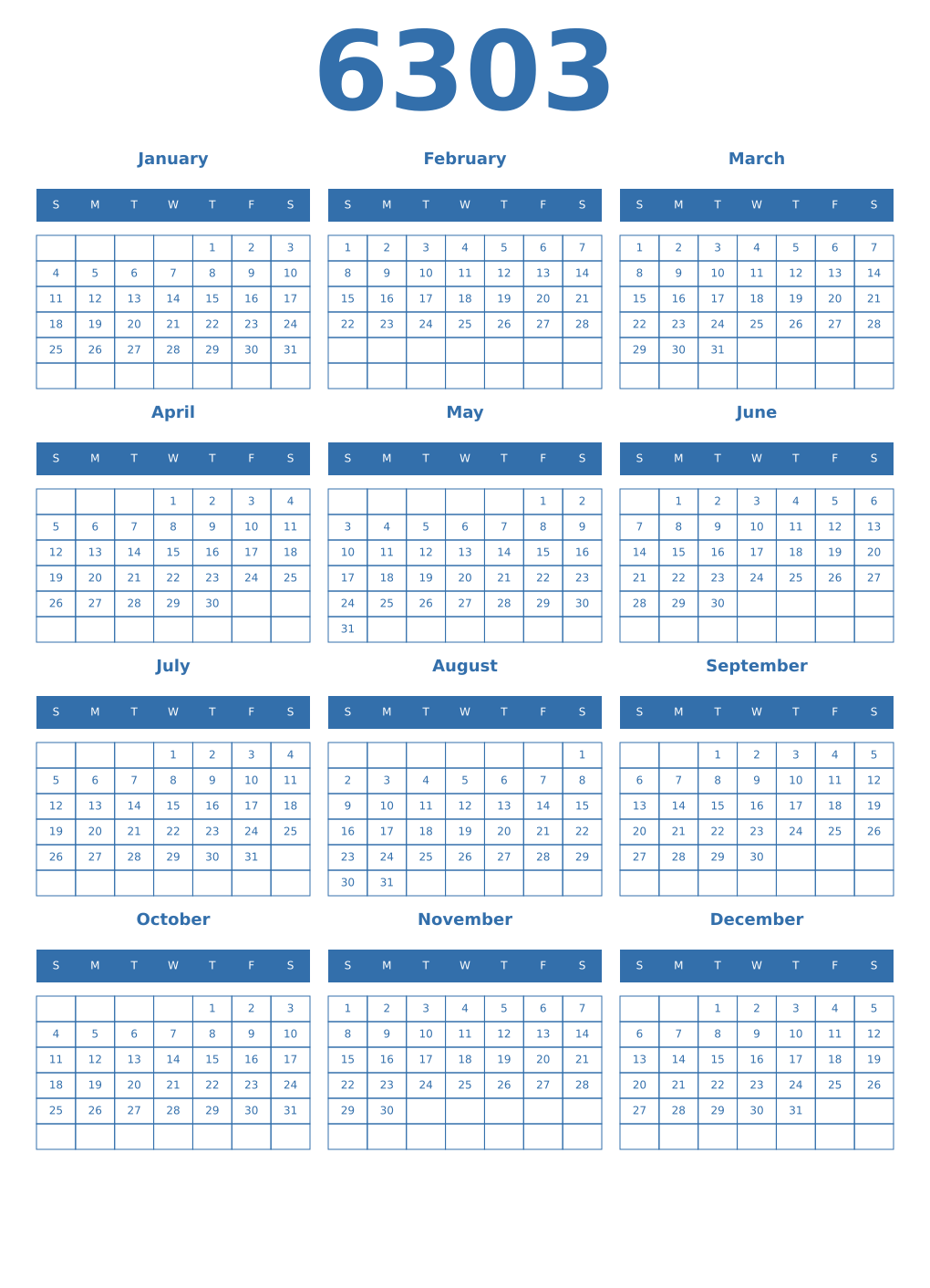 Printable 6303 Year Calendars blue