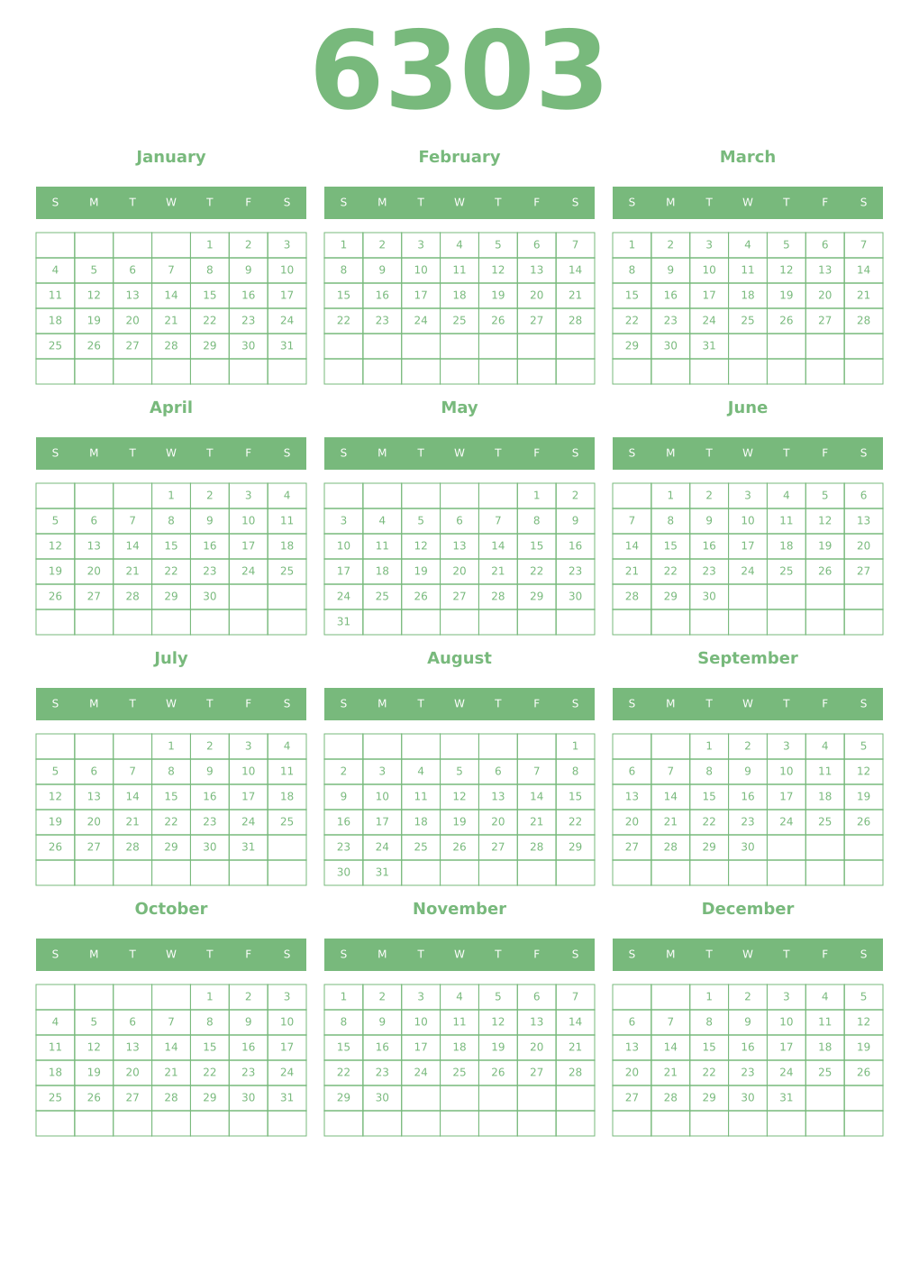 Printable 6303 Year Calendars celadon