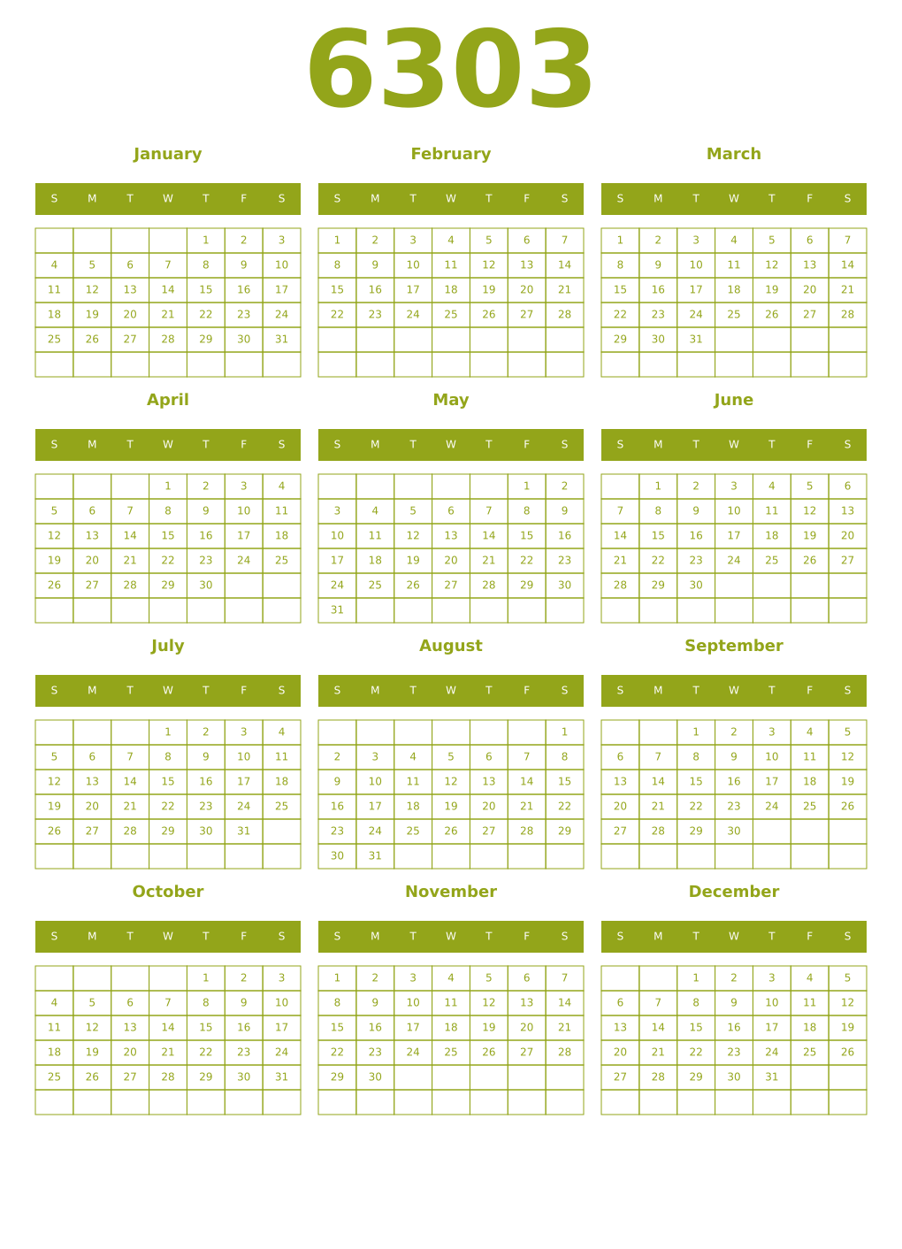 Printable 6303 Year Calendars chartreuse