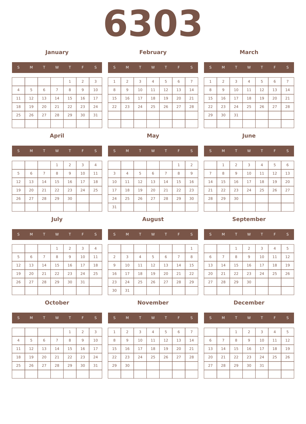 Printable 6303 Year Calendars coffe