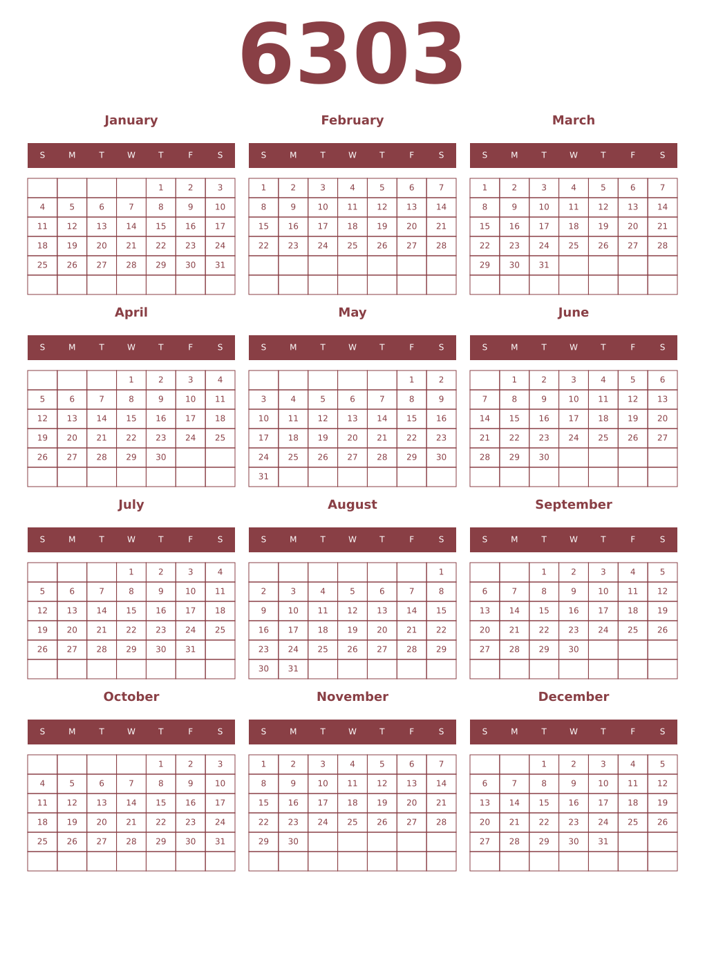Printable 6303 Year Calendars cordovan