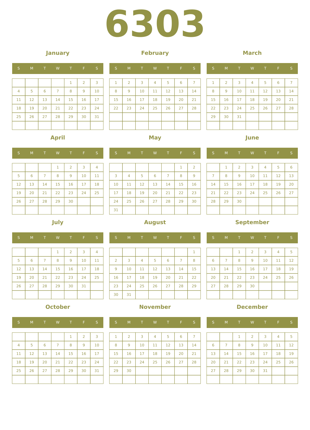 Printable 6303 Year Calendars eburnean