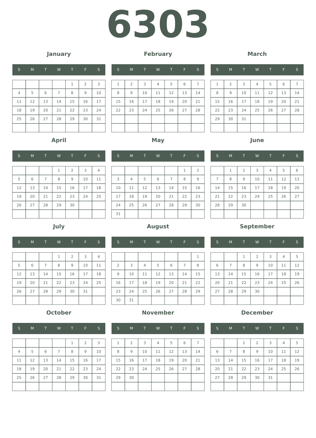 Printable 6303 Year Calendars feldgrau