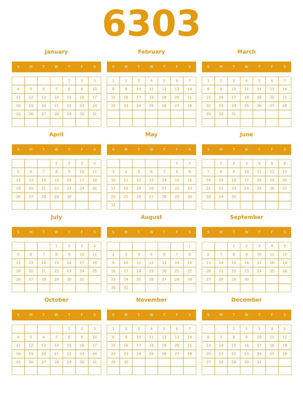 Printable 6303 Year Calendars gamboge