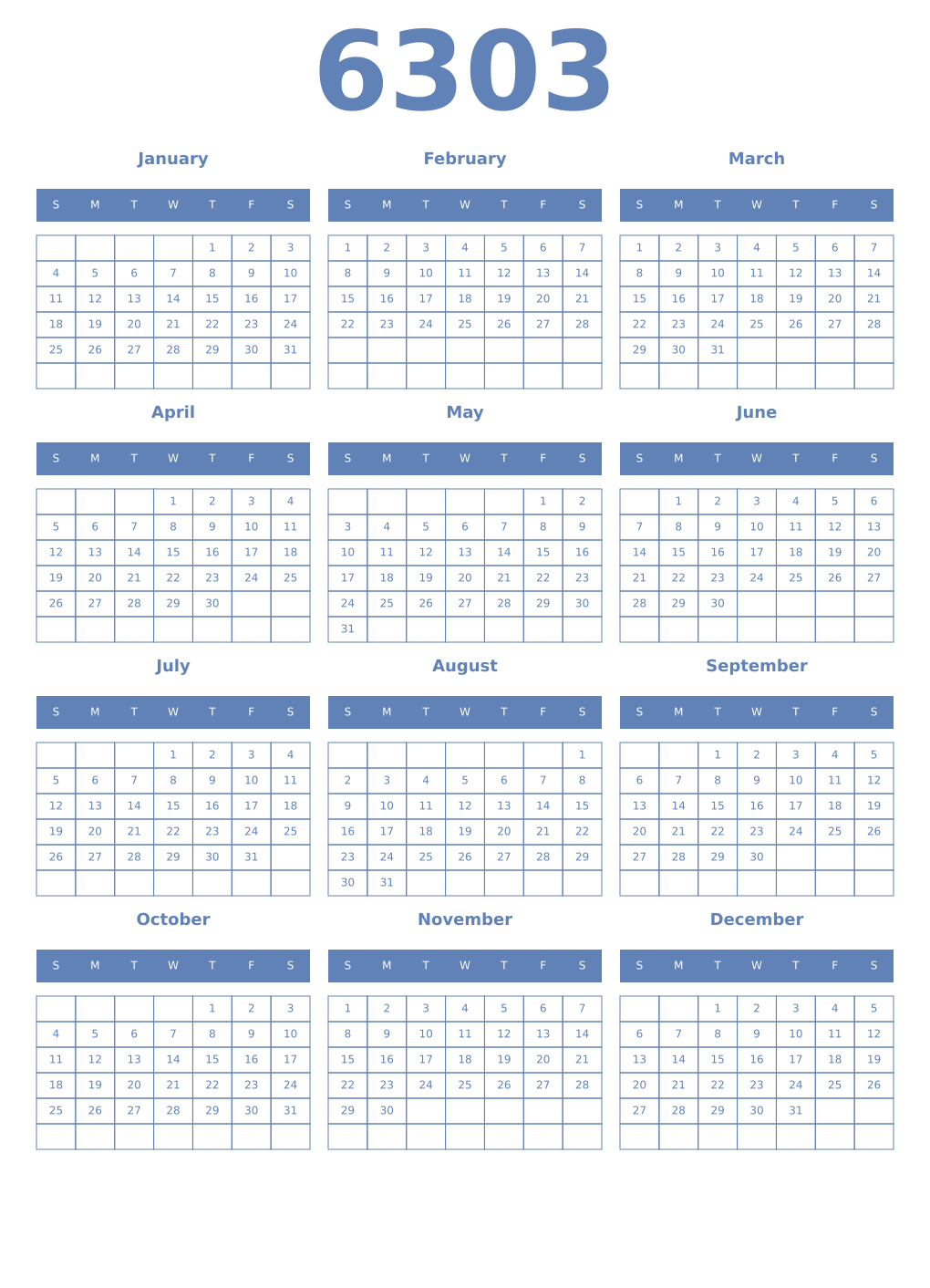 Printable 6303 Year Calendars glaucous
