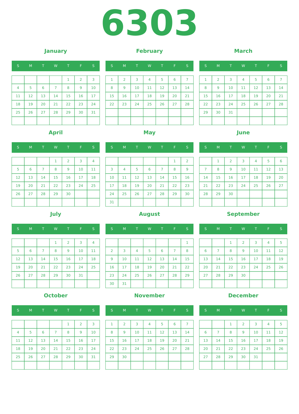 Printable 6303 Year Calendars green