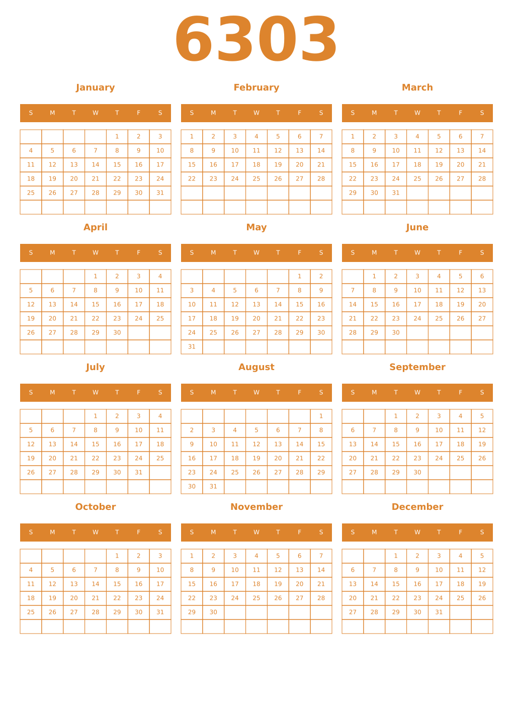 Printable 6303 Year Calendars orange