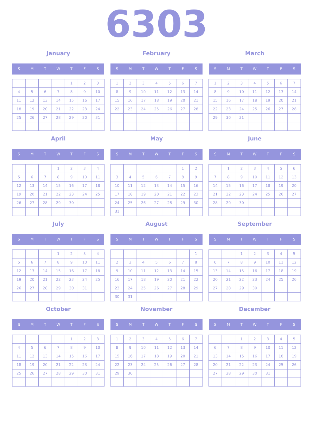 Printable 6303 Year Calendars periwinkle
