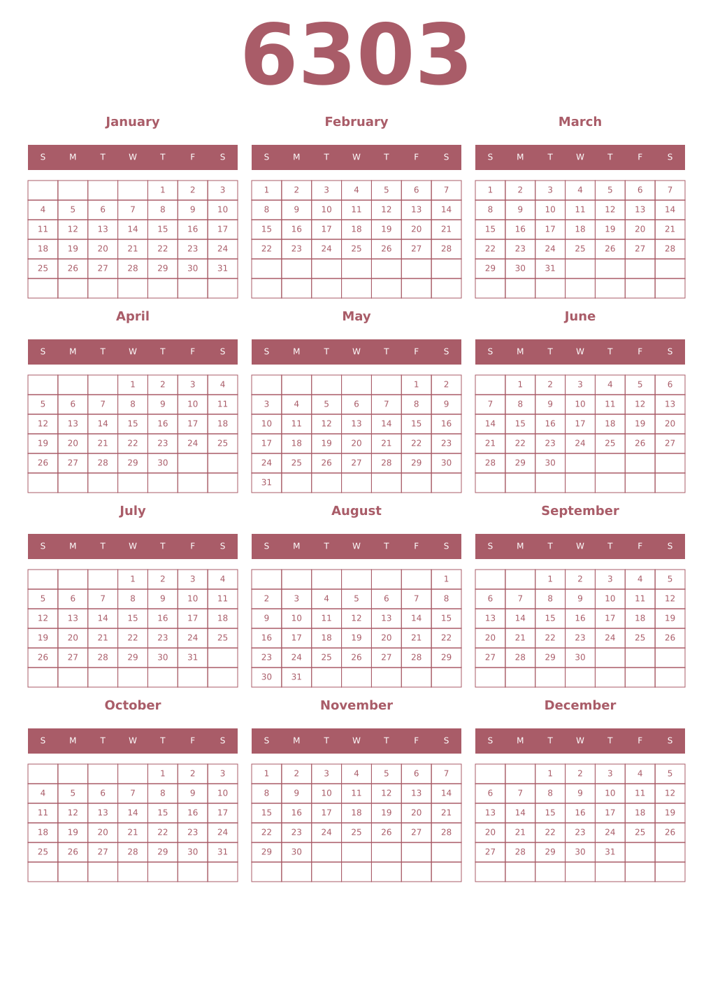 Printable 6303 Year Calendars puce