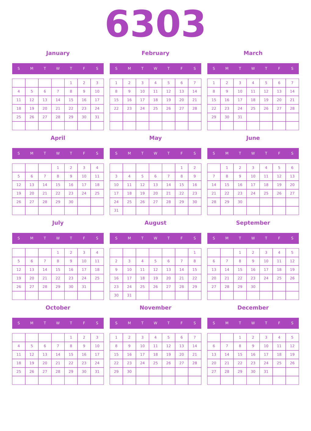 Printable 6303 Year Calendars purple