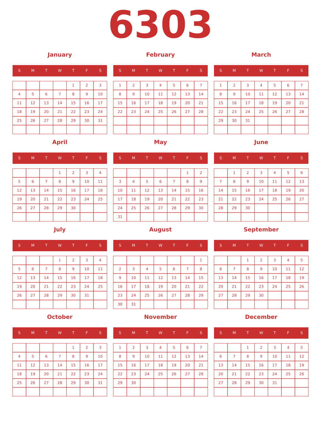Printable 6303 Year Calendars red