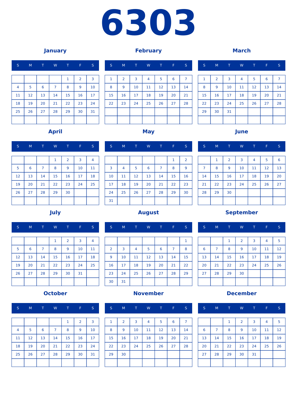 Printable 6303 Year Calendars smalt