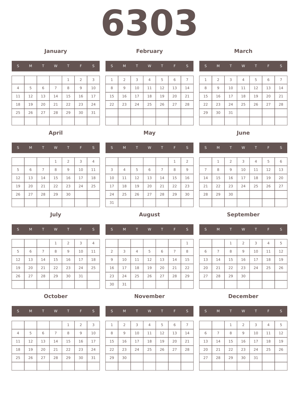 Printable 6303 Year Calendars wenge