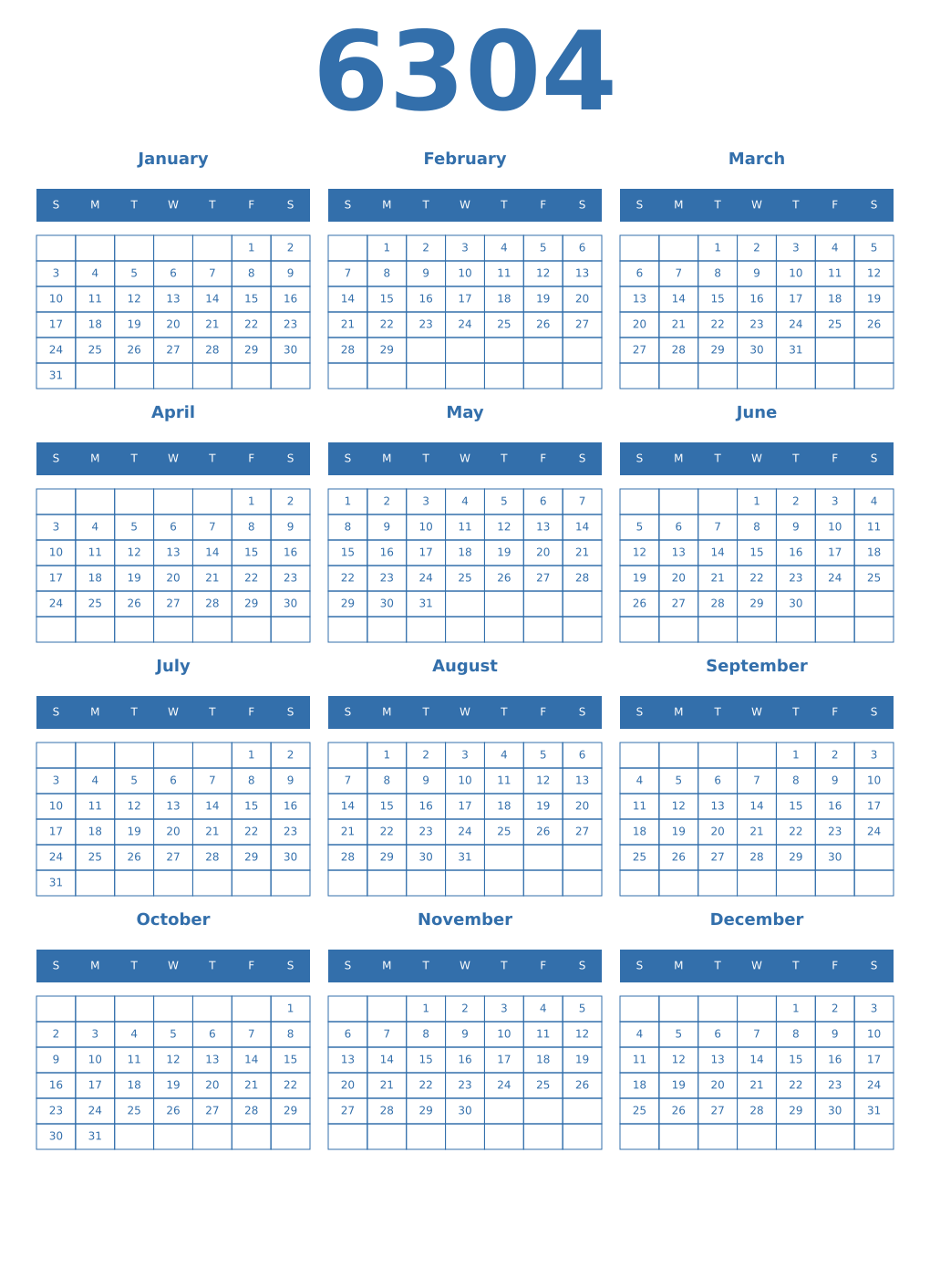 Printable 6304 Year Calendars blue