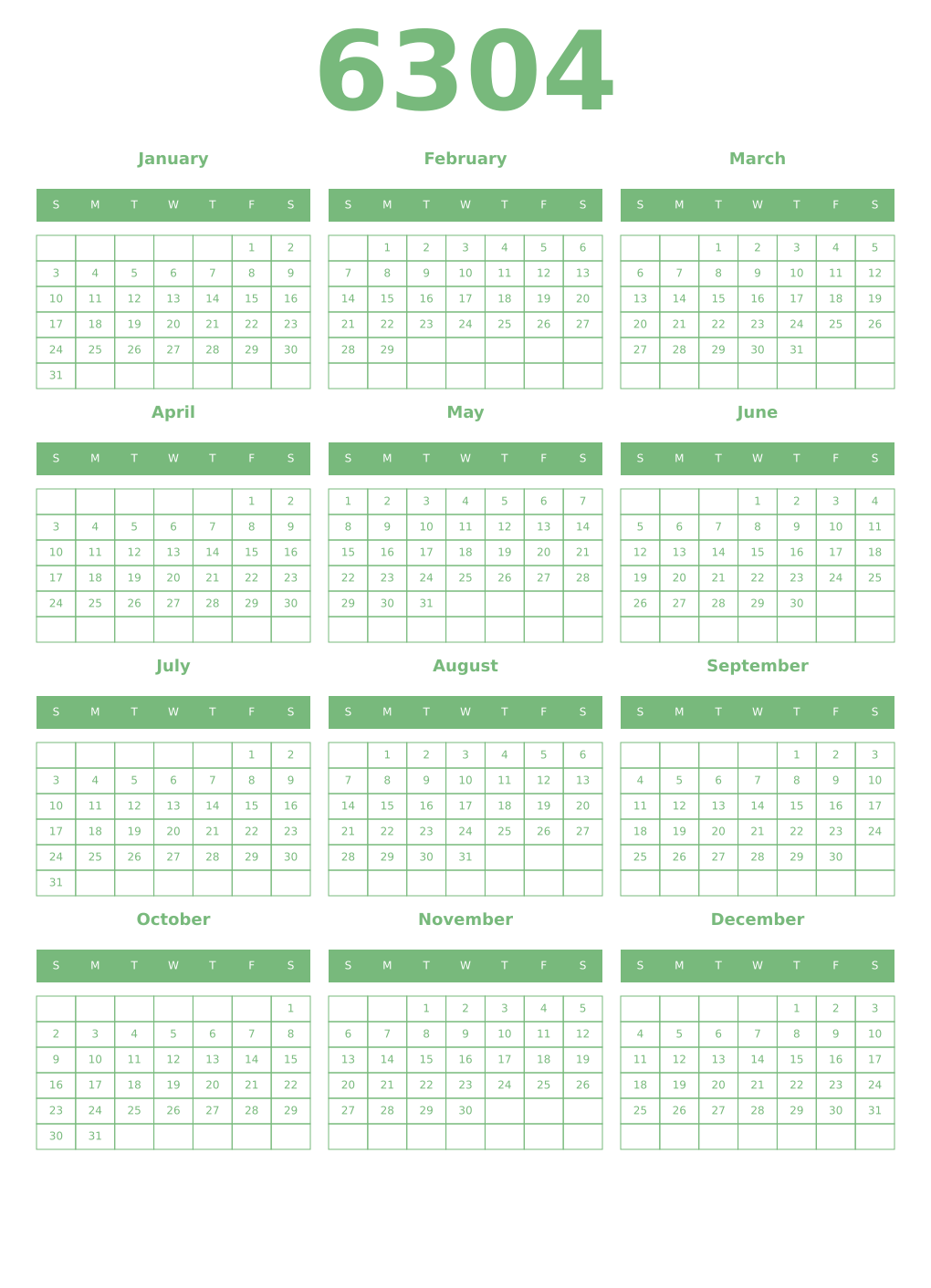 Printable 6304 Year Calendars celadon
