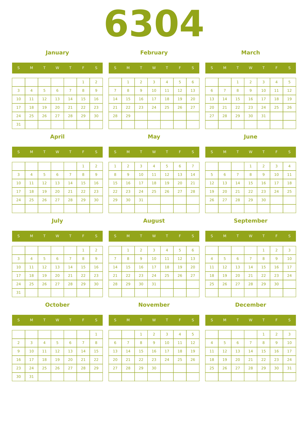 Printable 6304 Year Calendars chartreuse