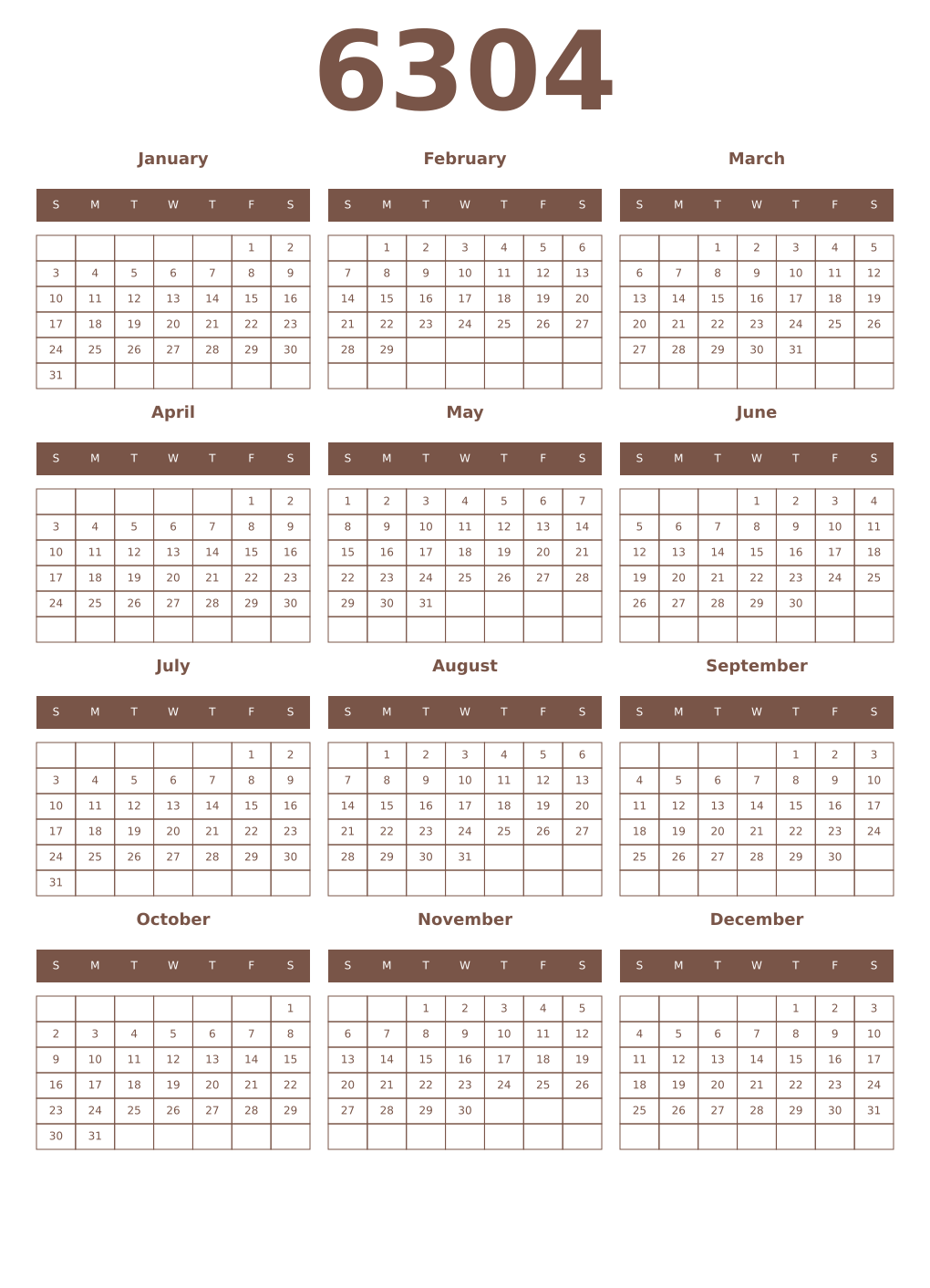 Printable 6304 Year Calendars coffe