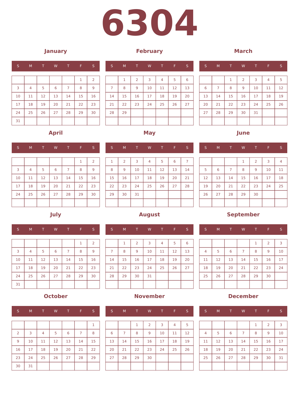 Printable 6304 Year Calendars cordovan