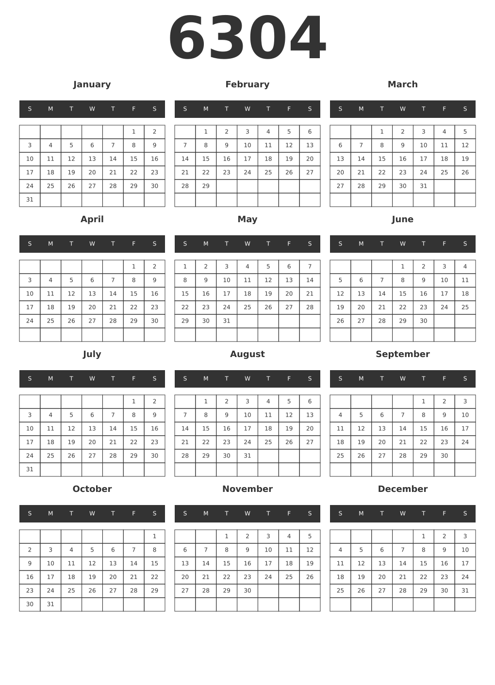 Printable 6304 Year Calendars dark