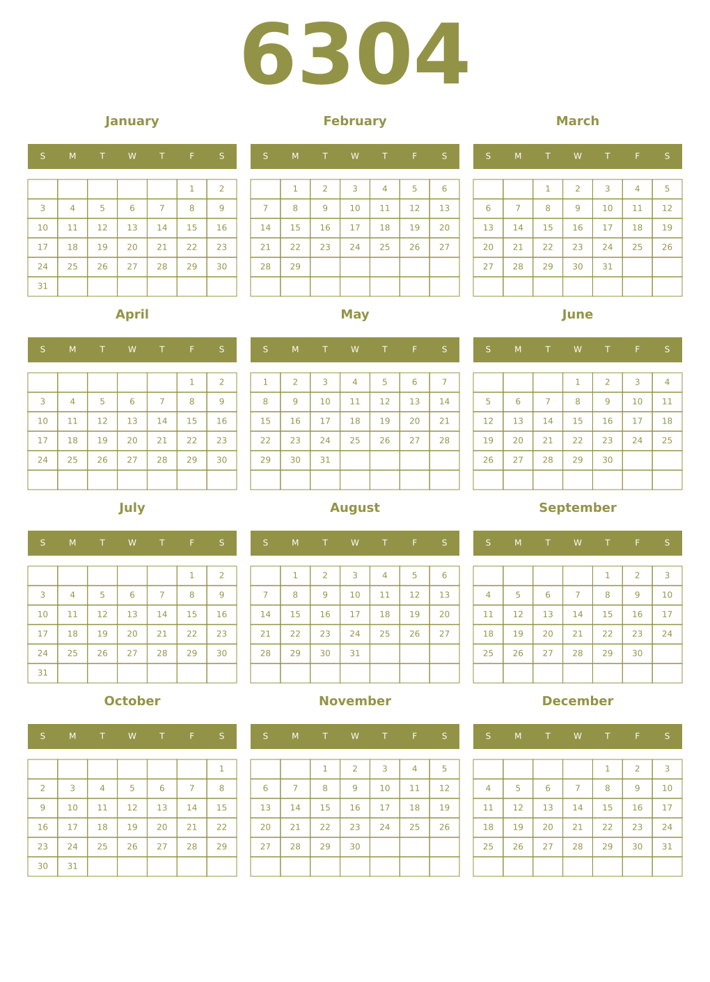 Printable 6304 Year Calendars eburnean