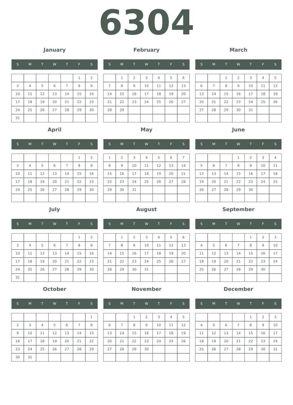 Printable 6304 Year Calendars feldgrau