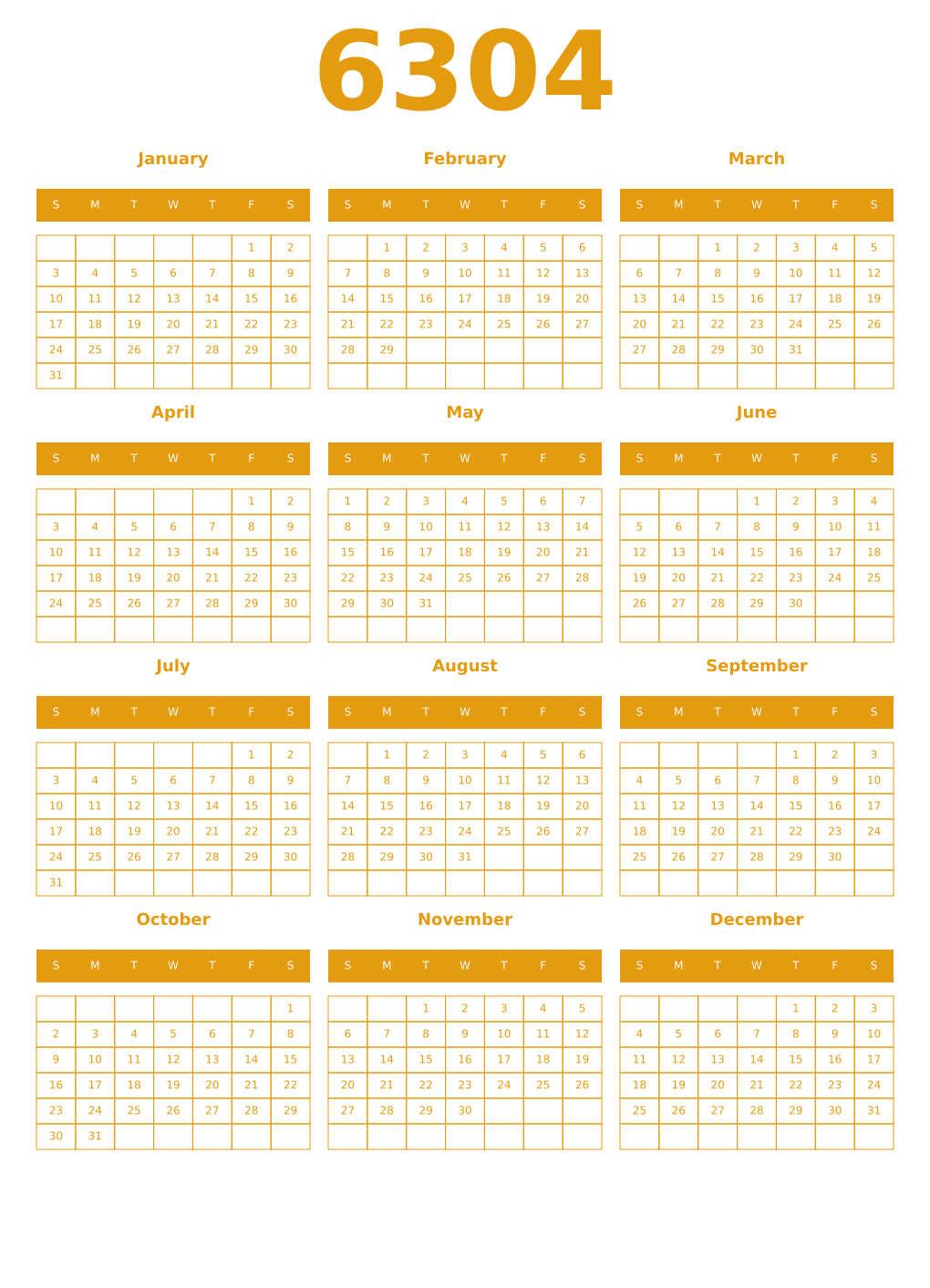 Printable 6304 Year Calendars gamboge