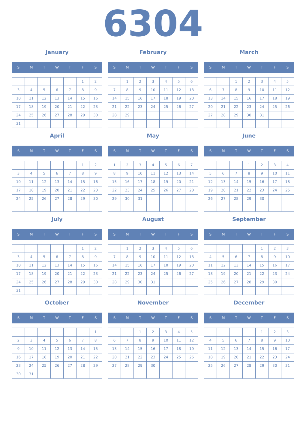 Printable 6304 Year Calendars glaucous