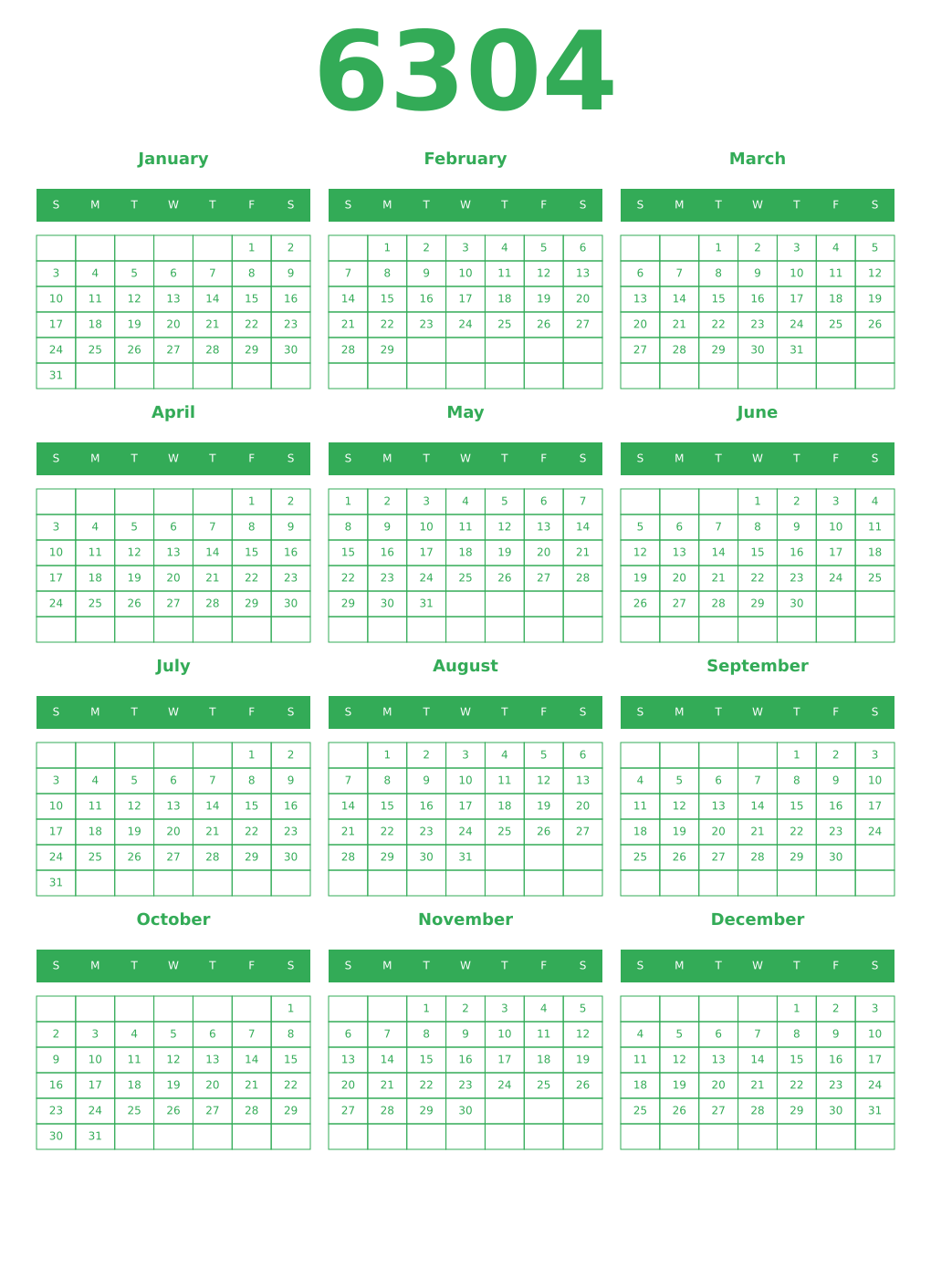 Printable 6304 Year Calendars green