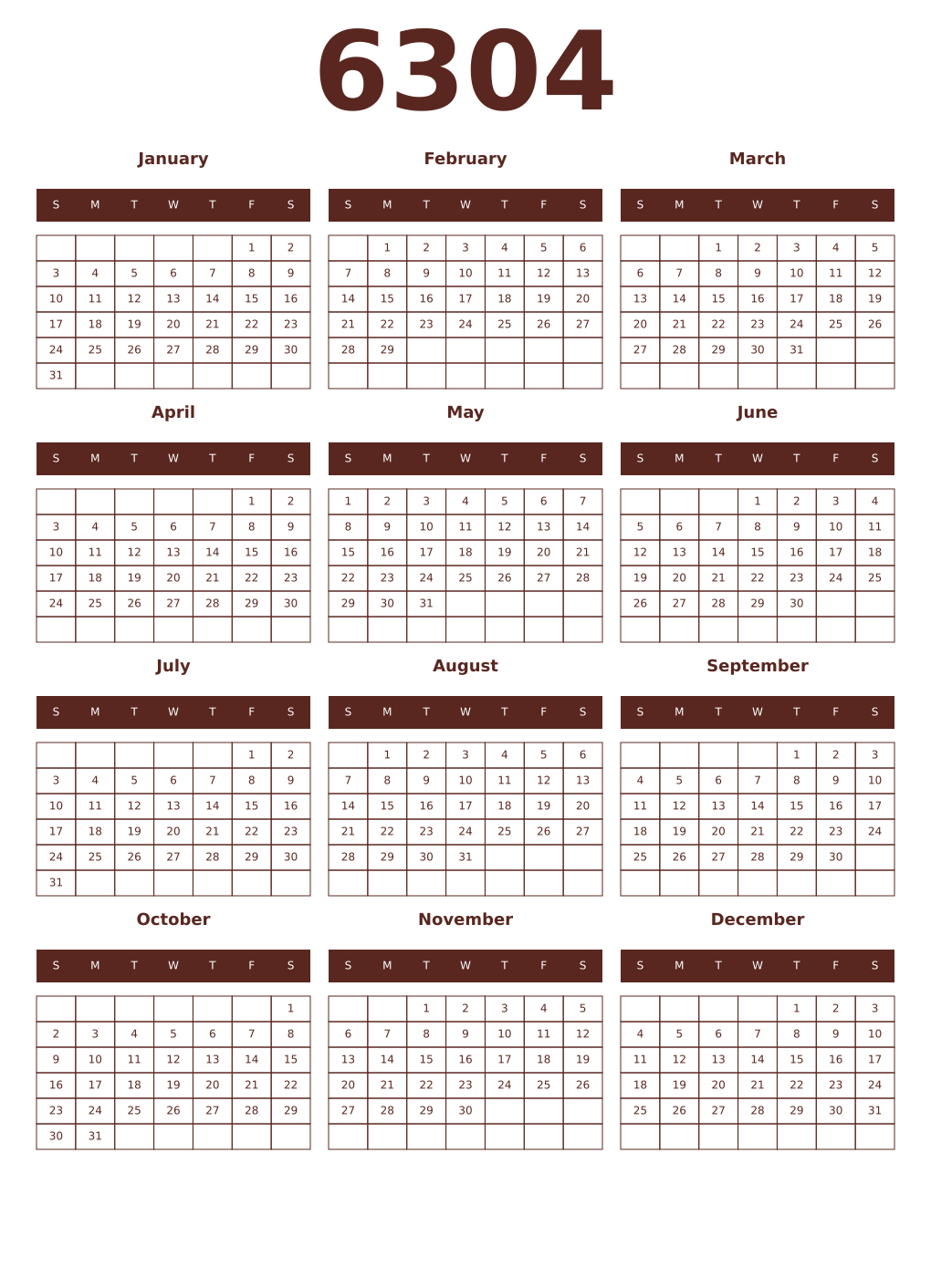 Printable 6304 Year Calendars mortuum
