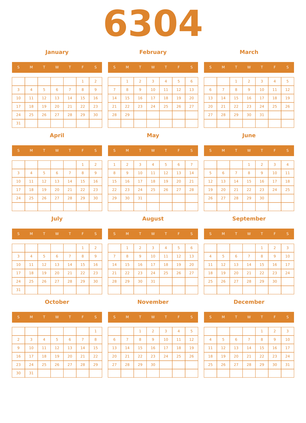 Printable 6304 Year Calendars orange