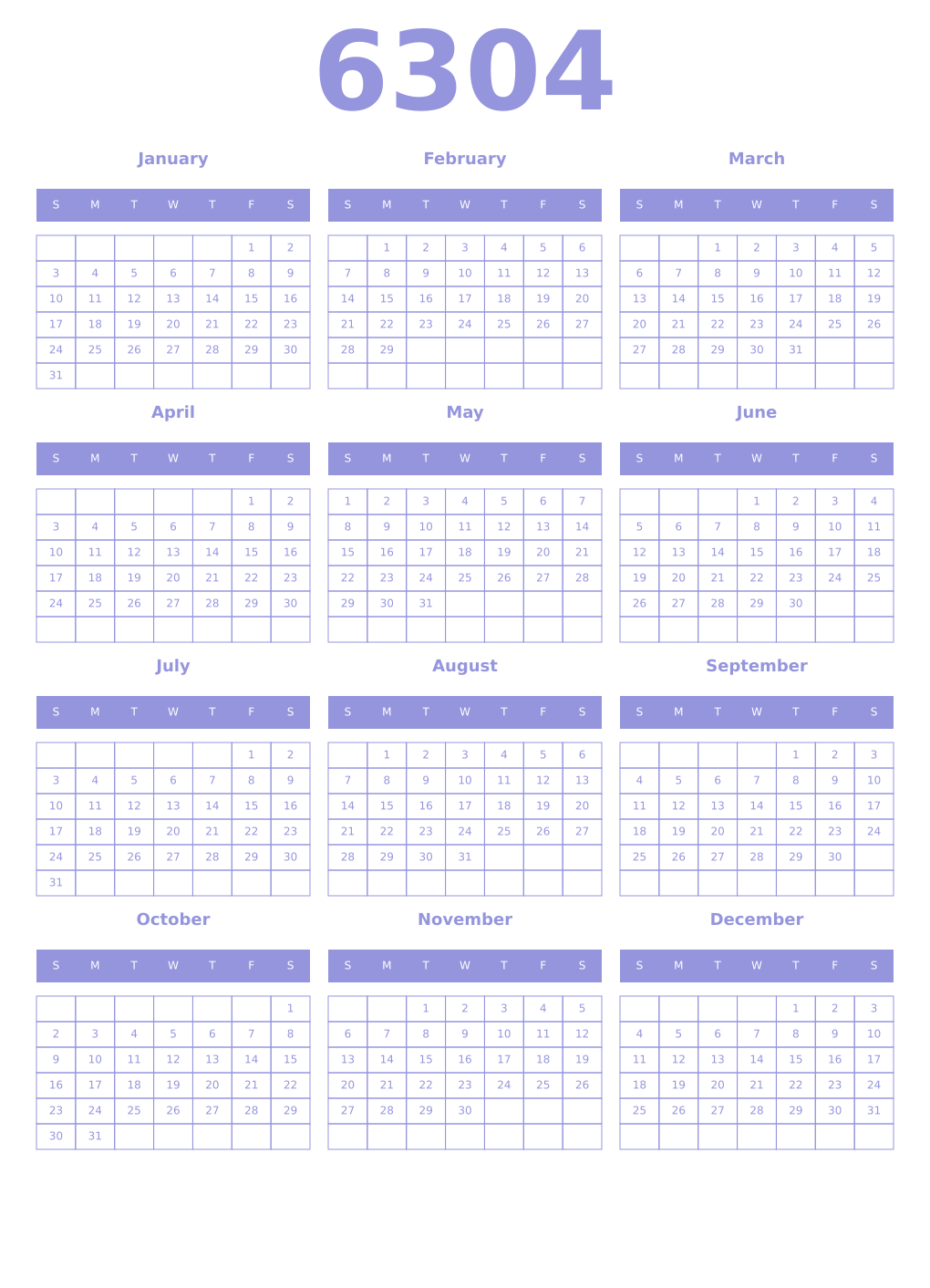 Printable 6304 Year Calendars periwinkle