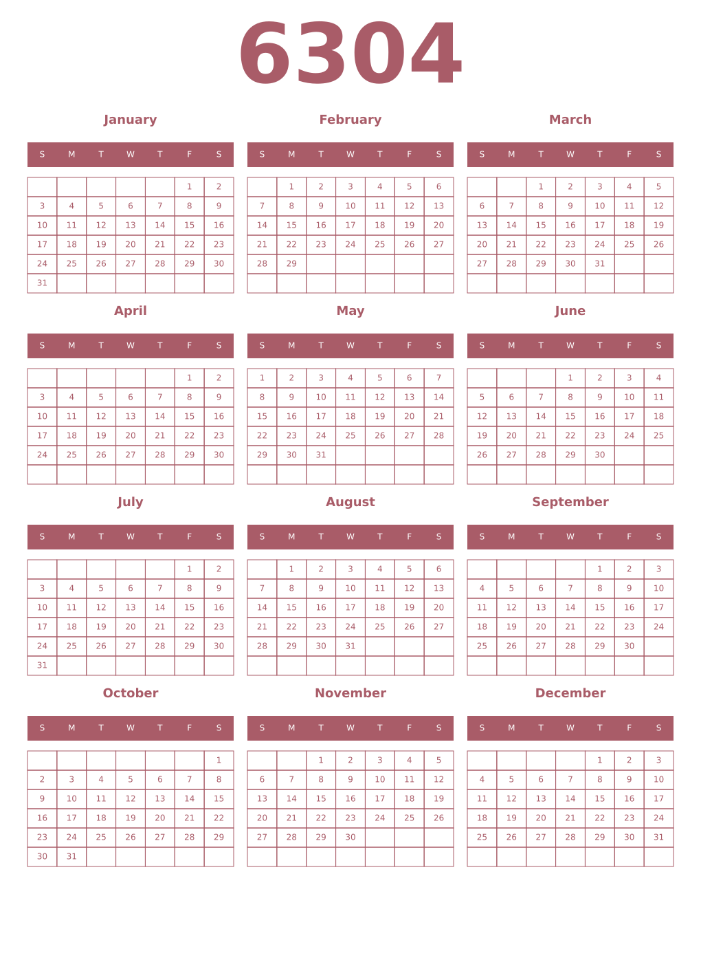 Printable 6304 Year Calendars puce
