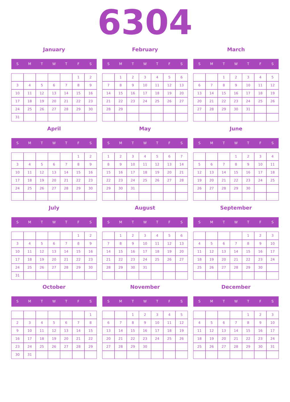 Printable 6304 Year Calendars purple