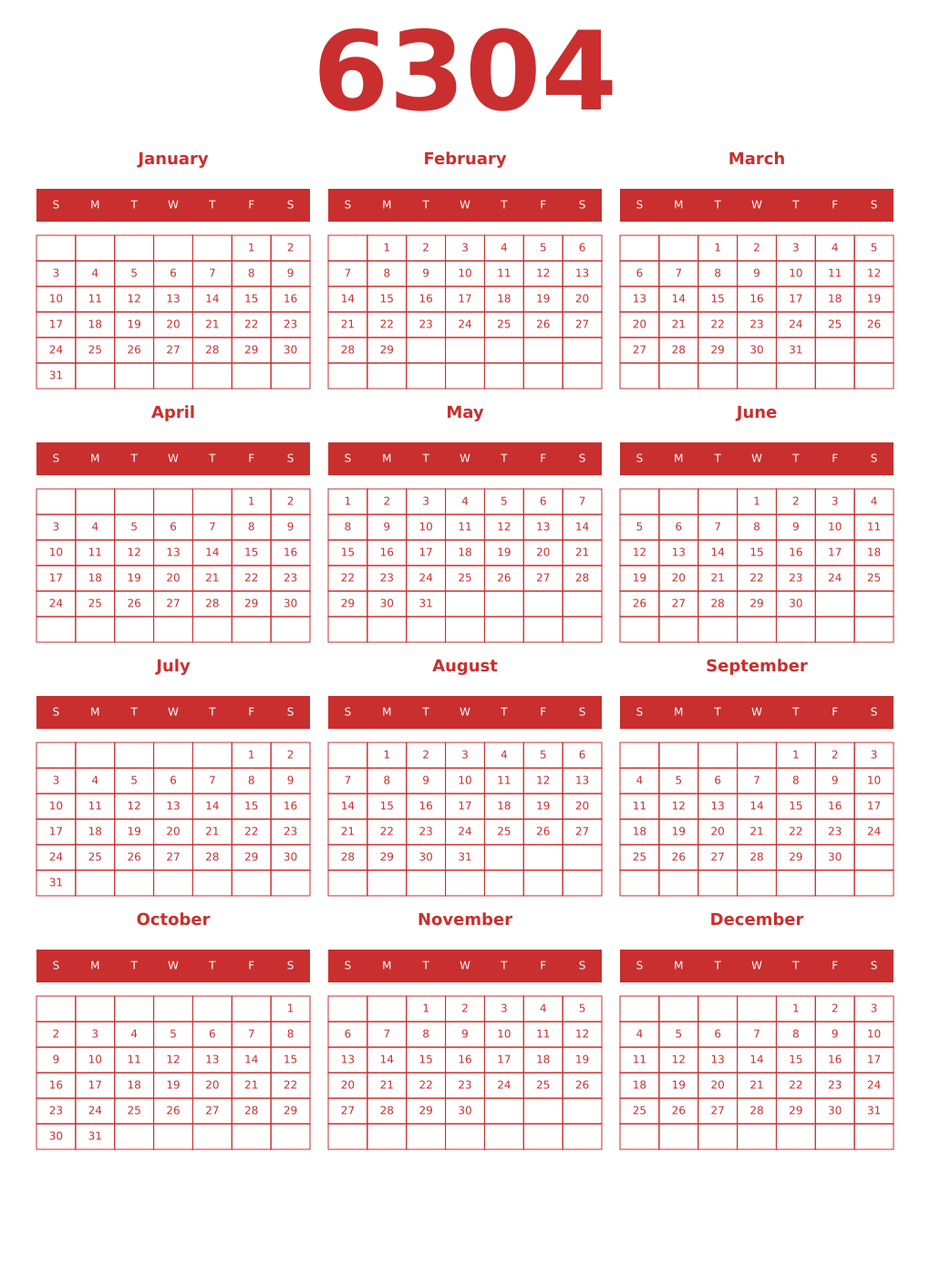 Printable 6304 Year Calendars red