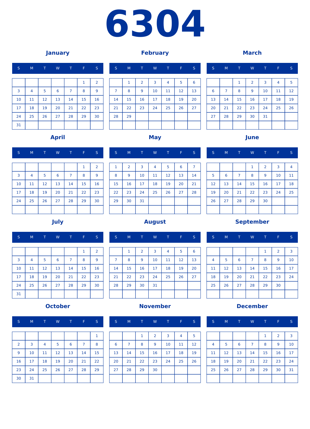 Printable 6304 Year Calendars smalt