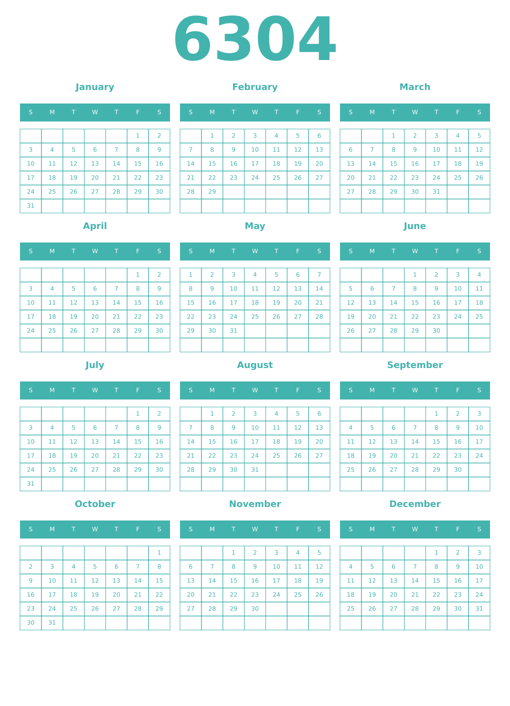 Printable 6304 Year Calendars verdigris
