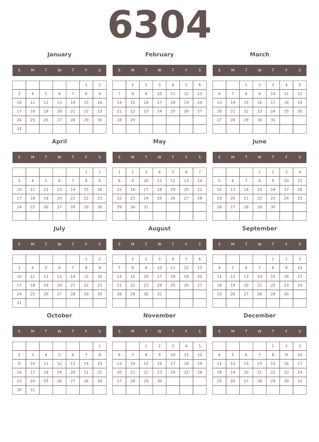 Printable 6304 Year Calendars wenge