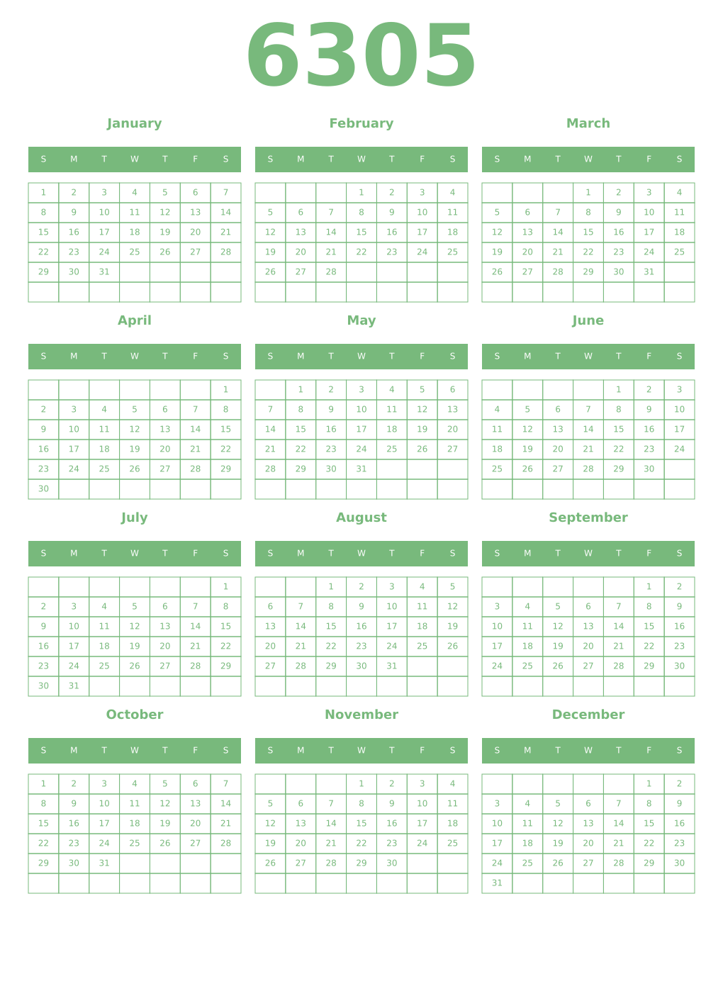 Printable 6305 Year Calendars celadon