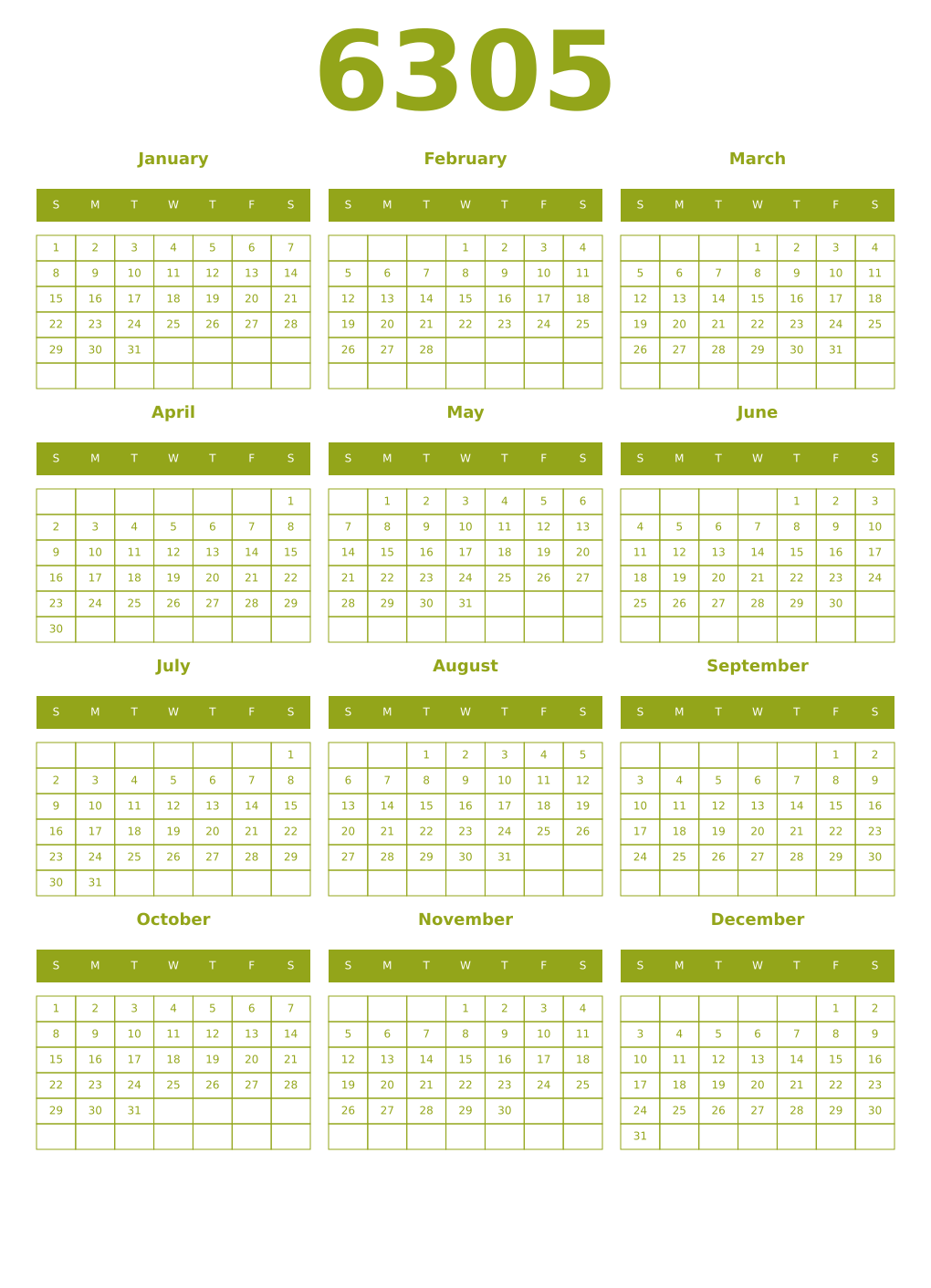 Printable 6305 Year Calendars chartreuse