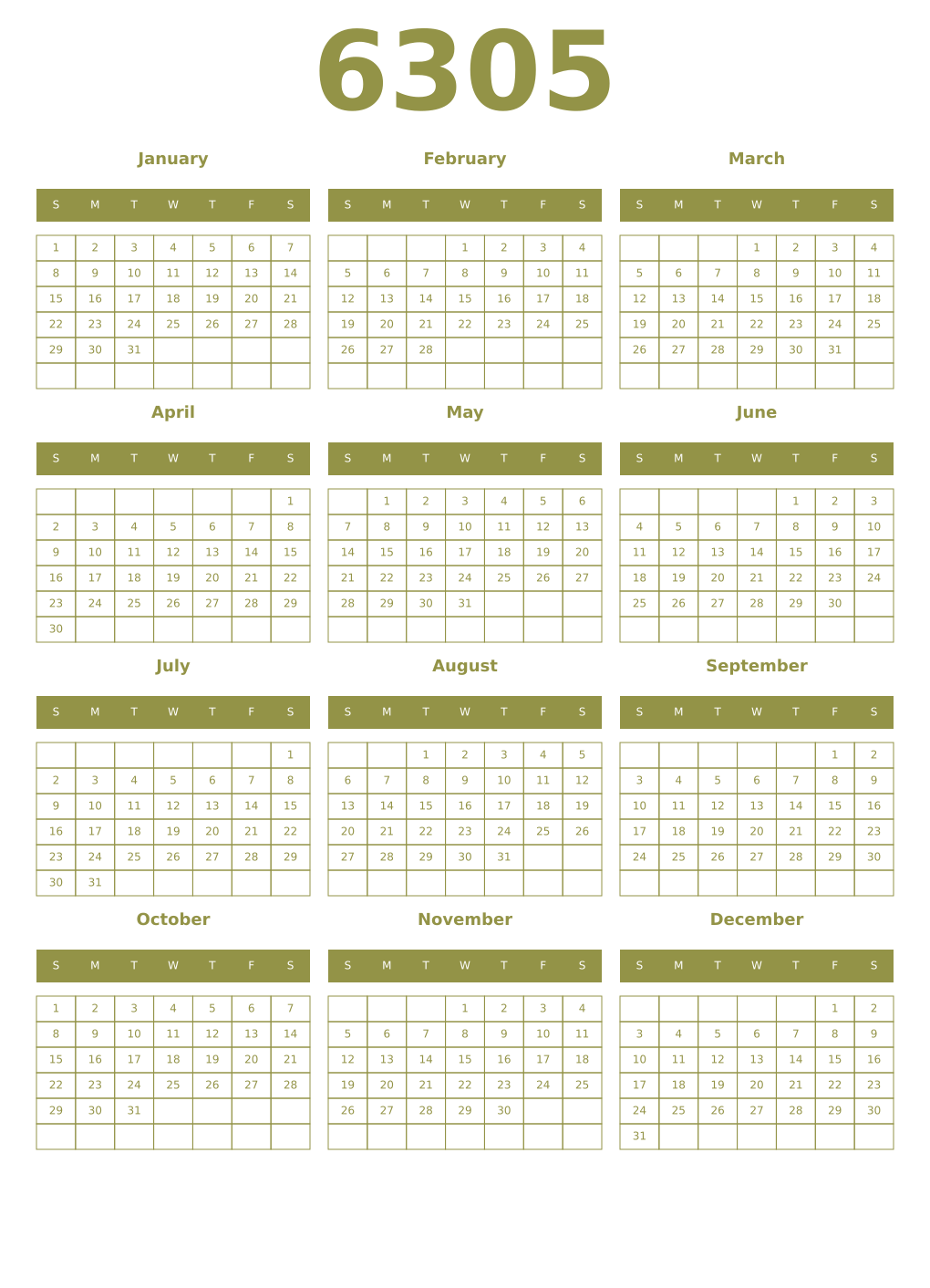 Printable 6305 Year Calendars eburnean