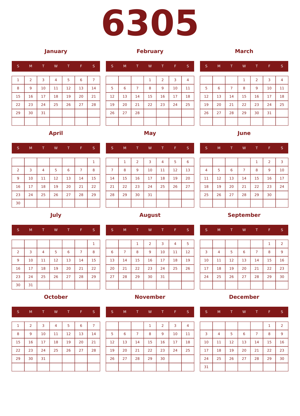 Printable 6305 Year Calendars falu