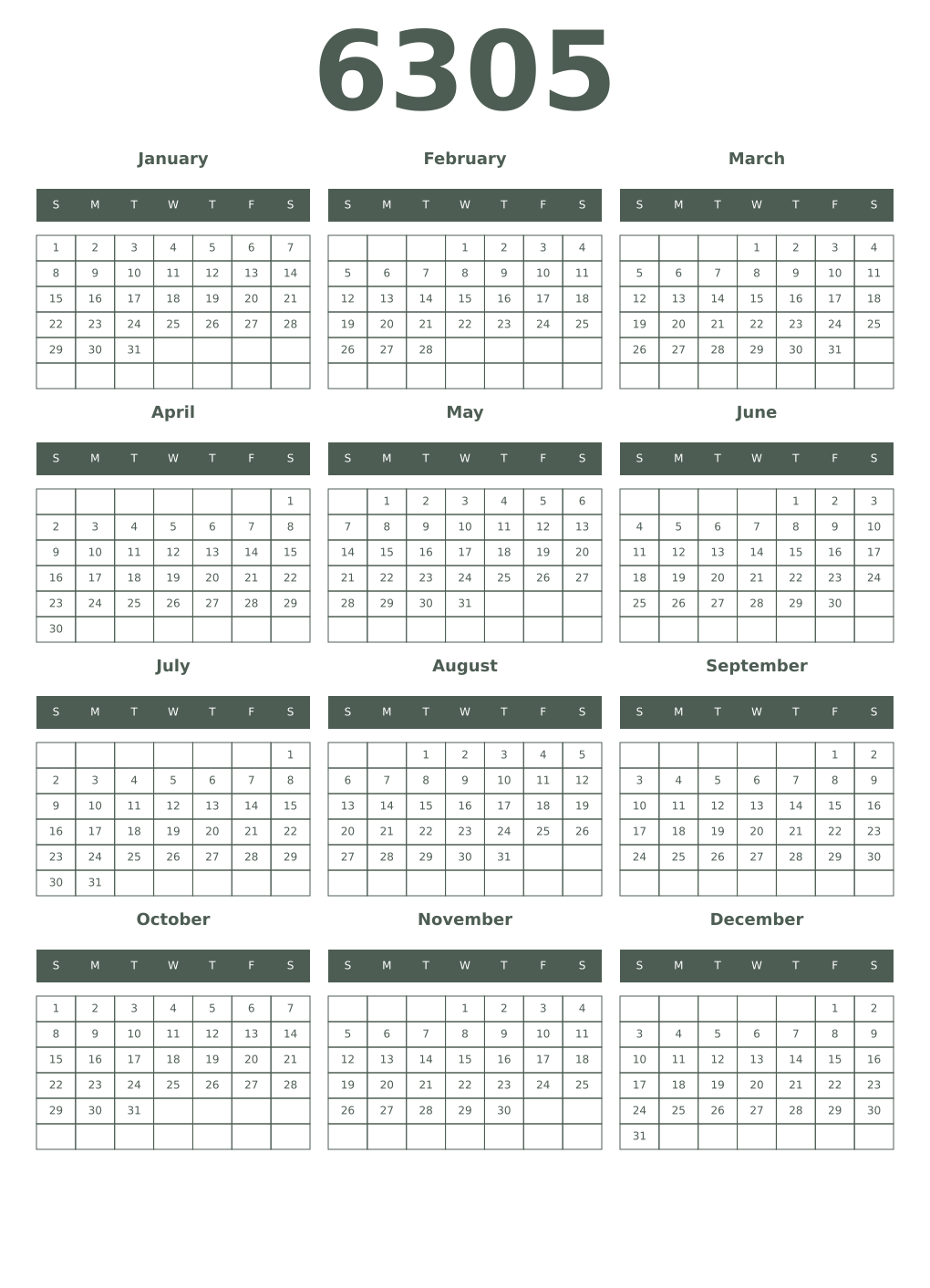 Printable 6305 Year Calendars feldgrau